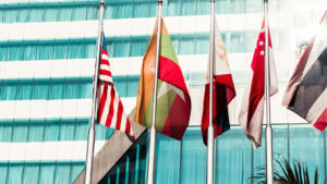 Flags in front of building