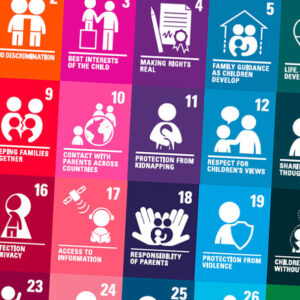 Fargerik grafikk av punkter i FNs barnekonvensjon