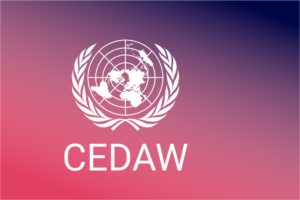 FNs logo (verdenskart omringet av laurberkrans i hvit med teksten "CEDAW" under.