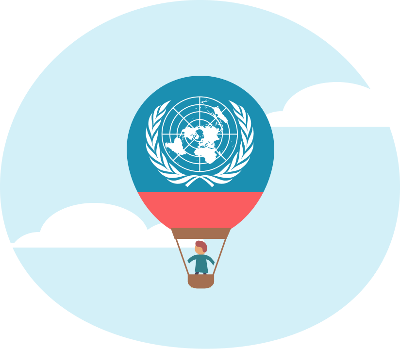 Illustrasjon av luftballong med FN-logoen på.