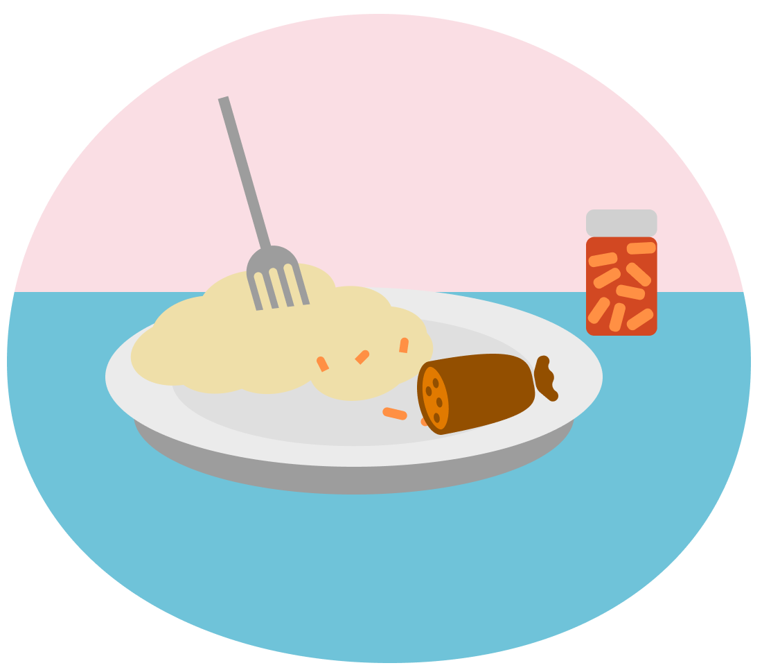 Simpel illustrasjon av matfat med pølse og potetmos, med orange piller i, samt en pilleboks i bakgrunnen.