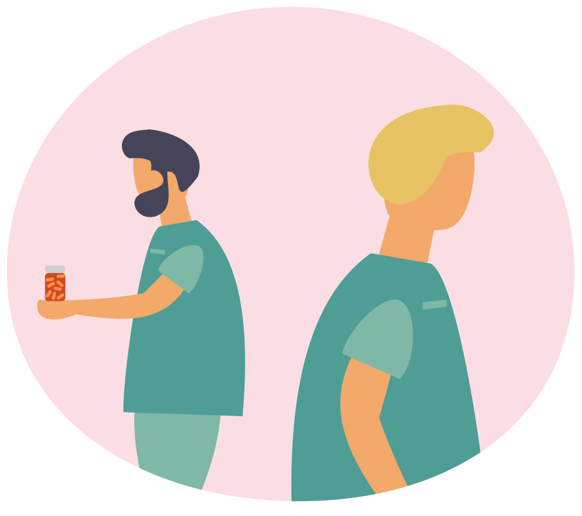 Simpel illustrasjon av to sykepleiere, en i bakgrunnen med en pilleboks i hånden.