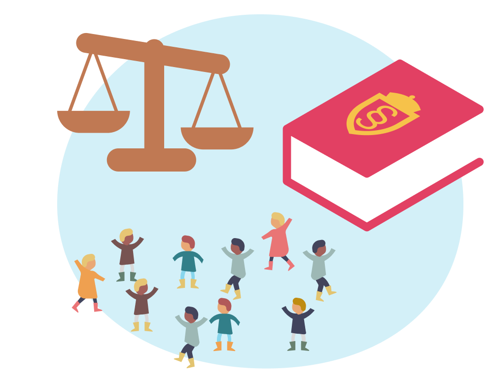 Illustrasjon av justisvekt, lovsamling og gruppe barn