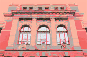 Fasaden på Høyesterettsbygningen, stilisert i rosa- og gråtoner, med teksten "LOV SANDHET RET" i mørkeblå skrift over vinduene.