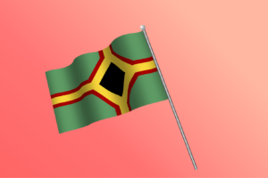 3D render av et flagg. Grønn bakgrunn med et gult kors omgitt av rødt, med en sort ruter i midten.