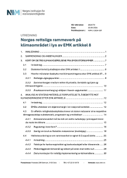 Forsiden på utredningen "Norges rettslige rammeverk på klimaområdet i lys av EMK artikkel 8"