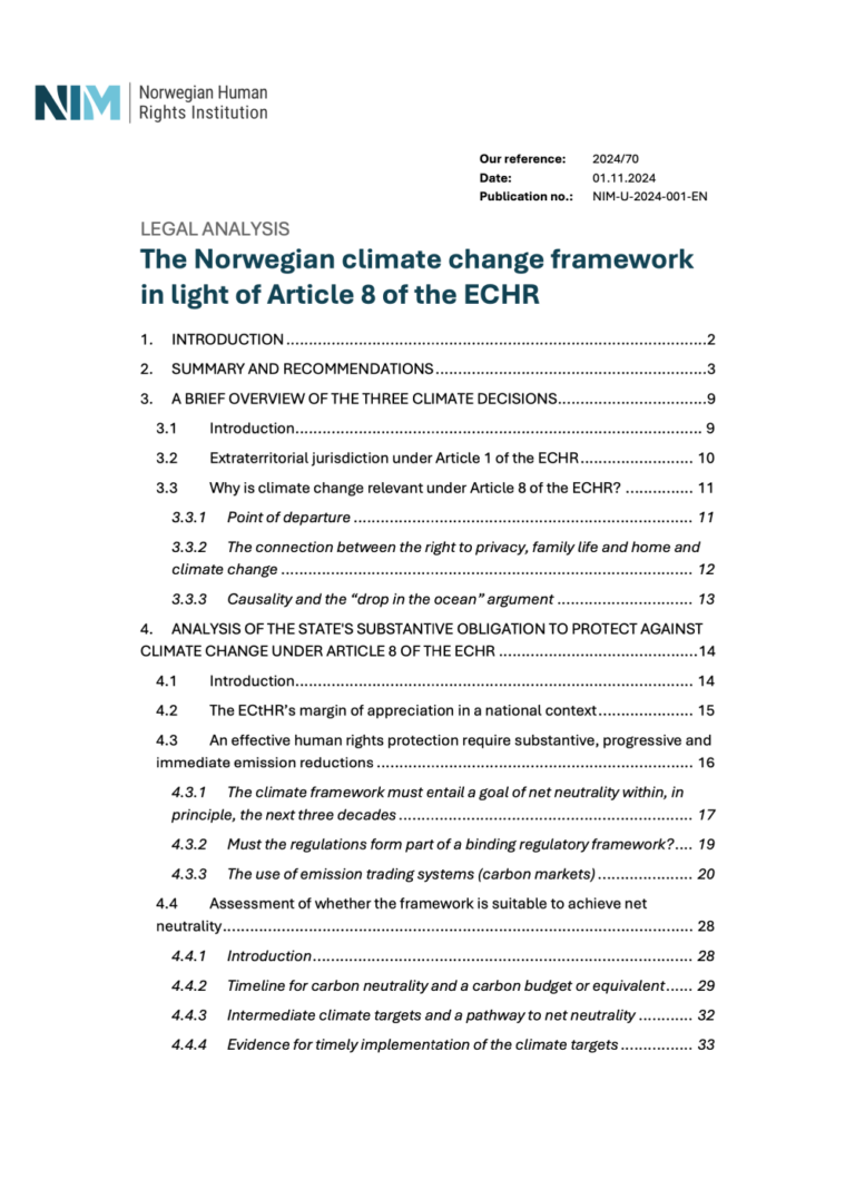 Front page:The Norwegian climate change framework in light of Article 8 of the ECHR