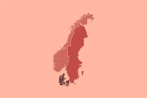 Kartomriss av Norge, Svergie og Danmark i ulike rosa/rød-toner, på en lys rosa bakgrunn.